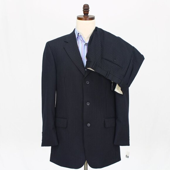 Bill Blass 42L 36x31 Navy Full Suit 3-Button Stripe R654